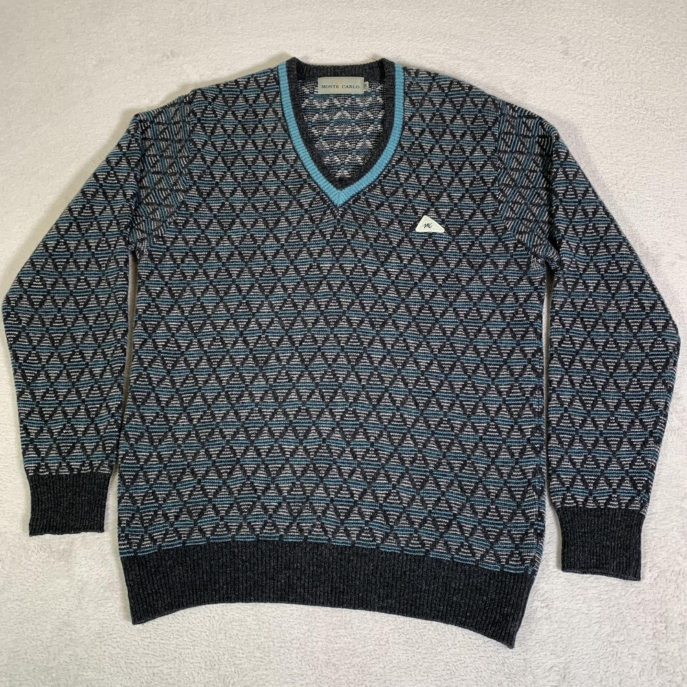 Monte Carlo Sweater Mens 38 Gray Blue V Neck Lambswool Geometric Diamond Grandpa